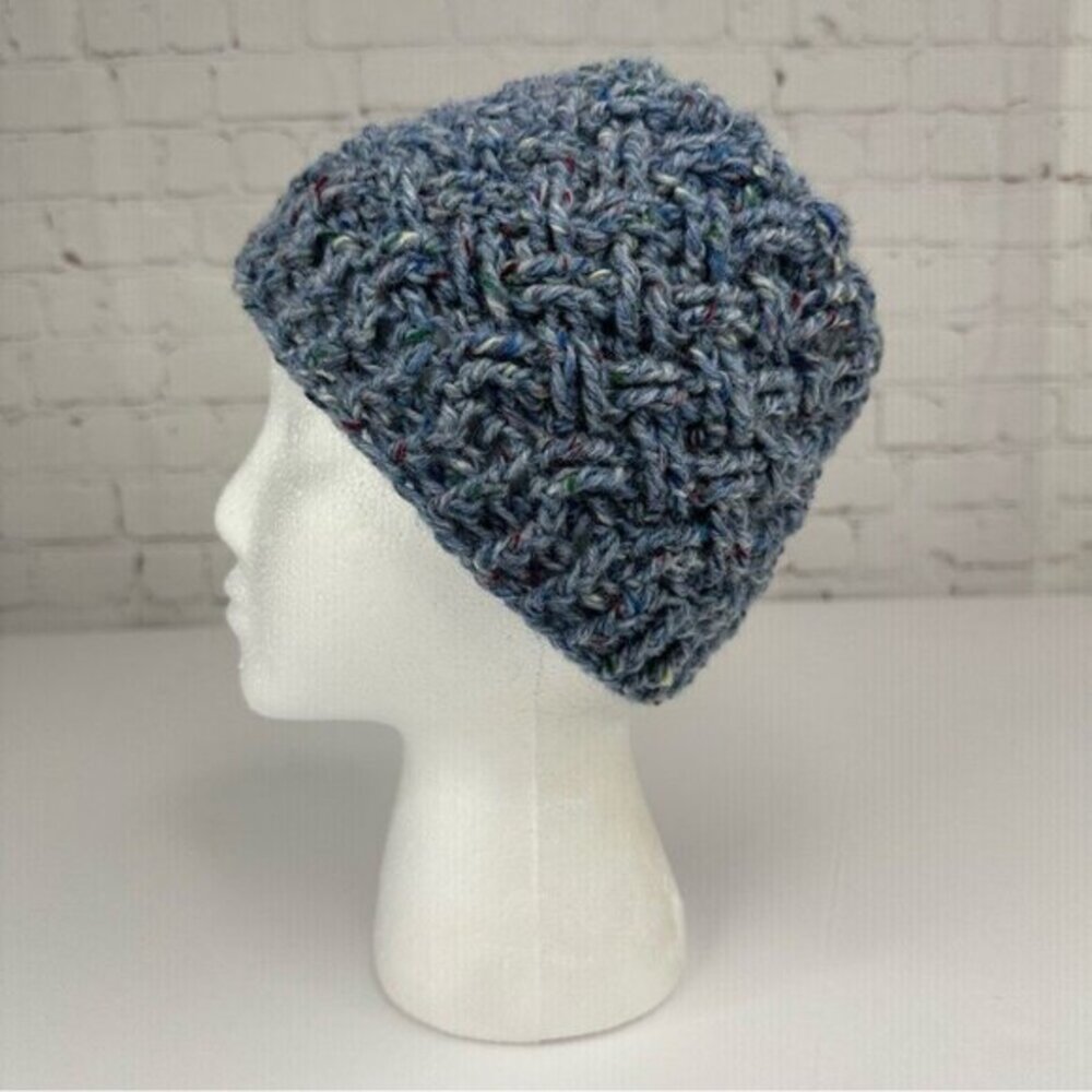 Created By Cyd Ireland Donegal Tweed Wool Beanie Hat Blue Basketweave Womens NEW - Picture 2 of 10